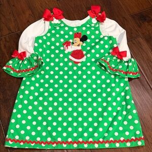 Disney Girls Green Polka Dot Minnie Holiday Dress with Red Bows